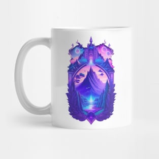 A lake in the middle of A thrilling forest whith a castle over the mountain Mug